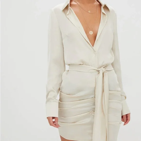 champagne satin ruched shirt dress Champagne Satin Ruched Shirt Dress